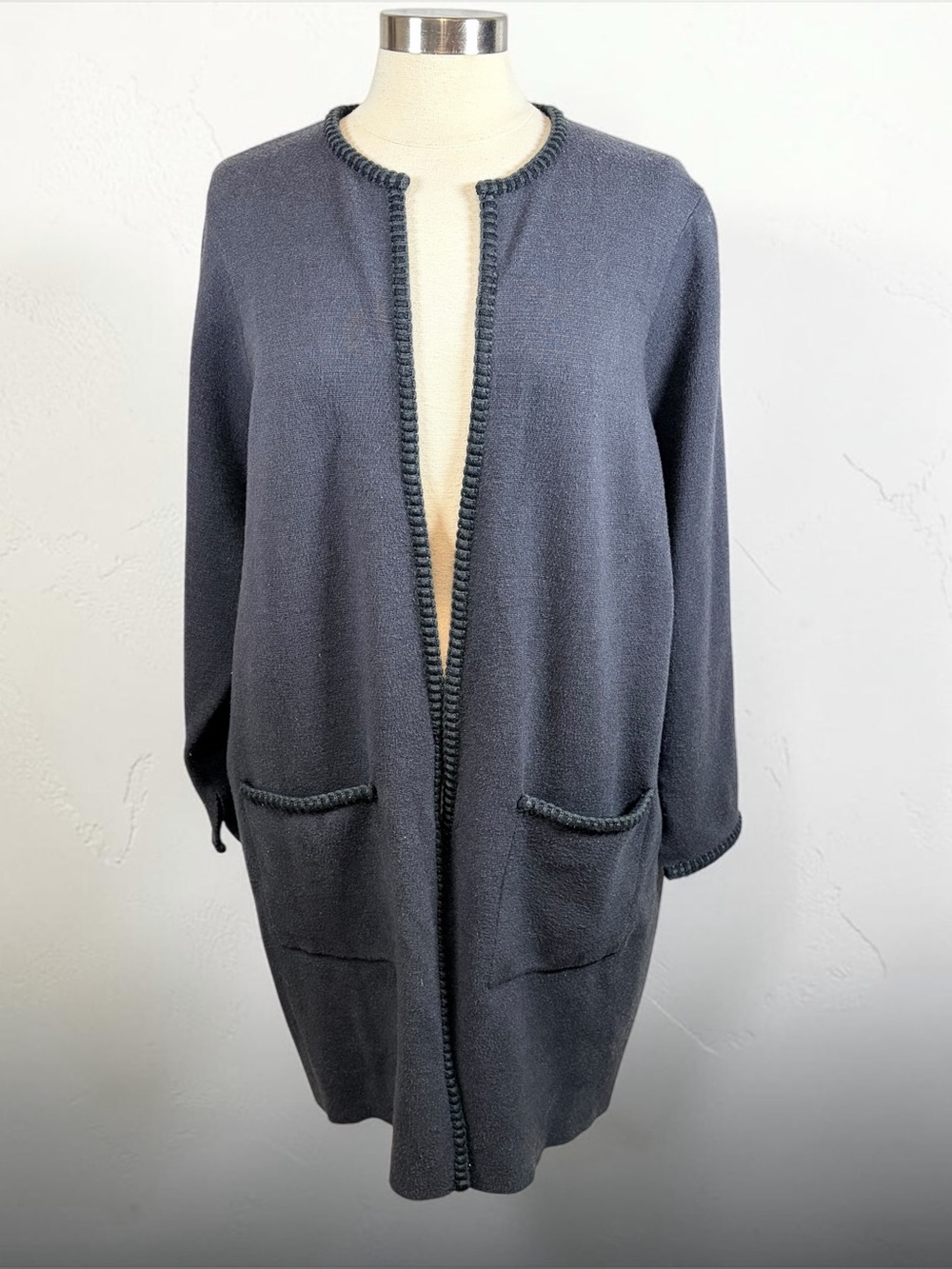 MAGASCHONI Whipstitch Detail Black Open-Front Longline Cardigan w/Pockets, 2X